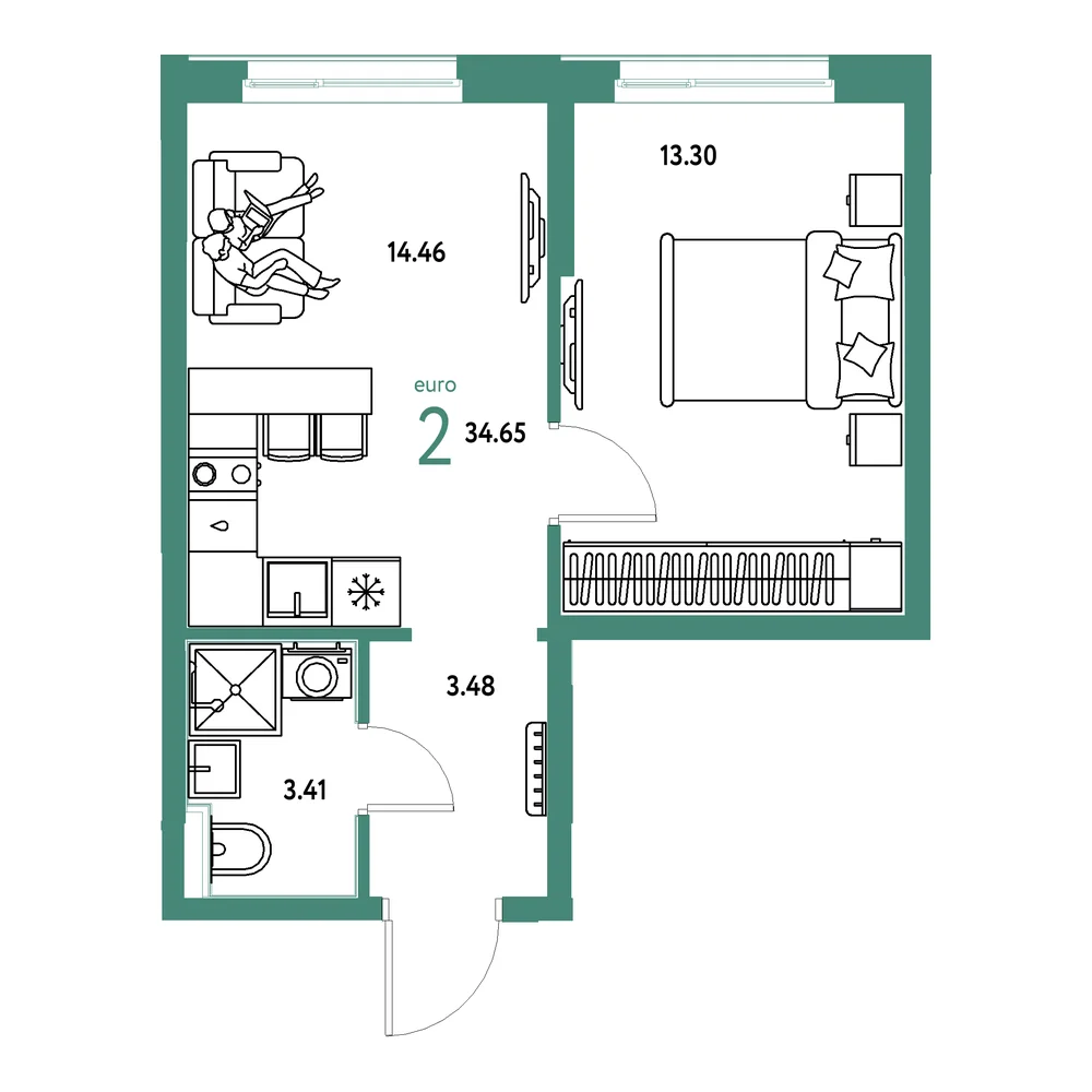 Планировка: Домашний 2-комнатная 34,65м²