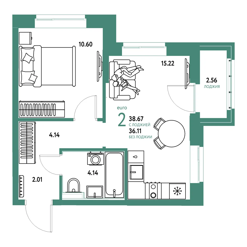 Планировка: Домашний 2-комнатная 38,67м²