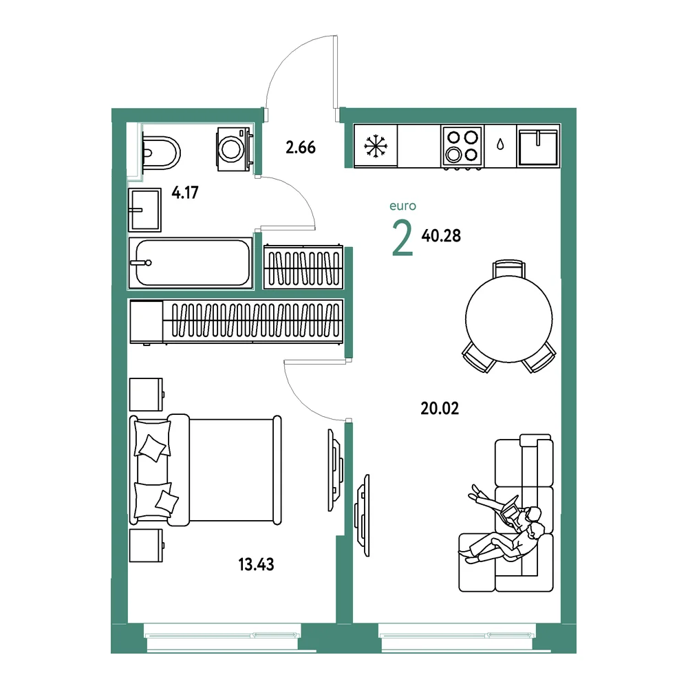 Планировка: Домашний 2-комнатная 40,28м²