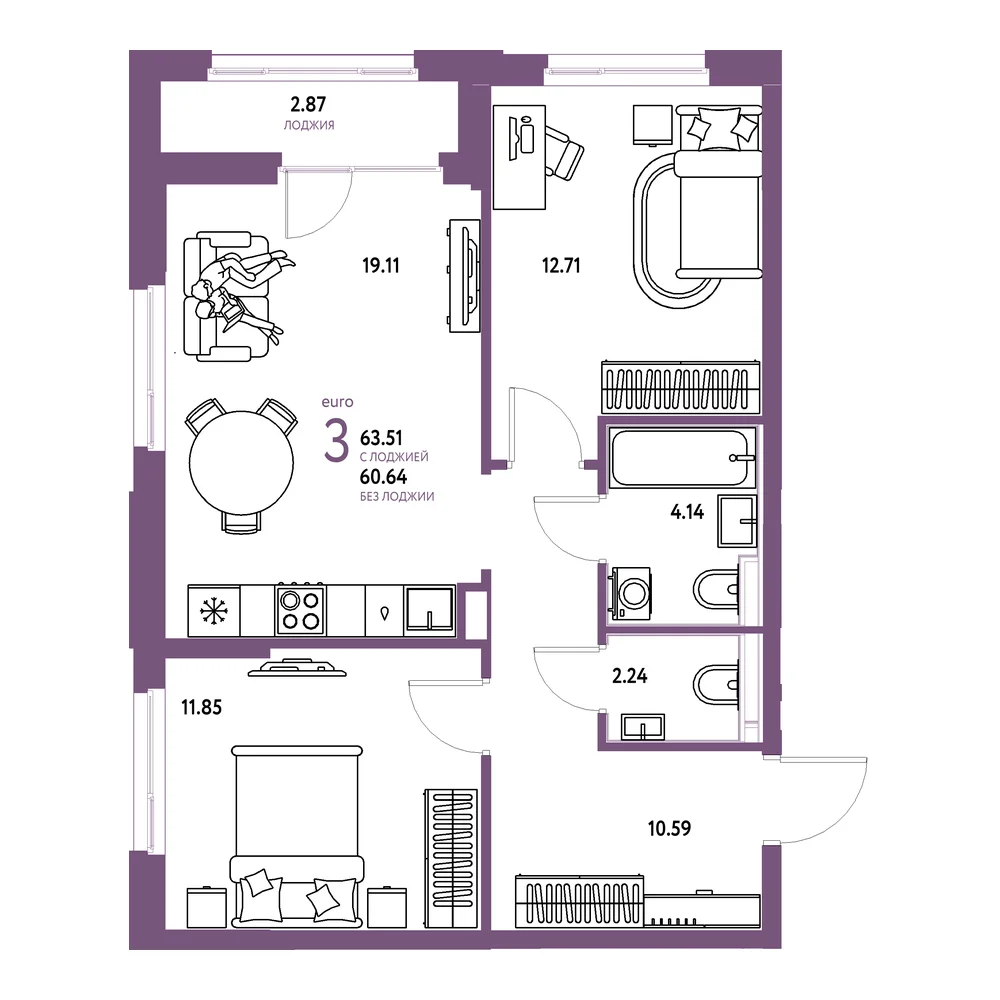 Планировка: Домашний 3-комнатная 63,51м²