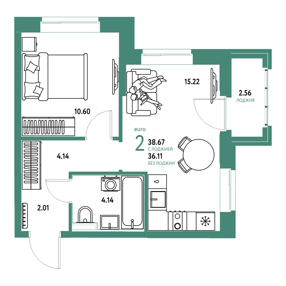 Планировка: Домашний 2-комнатная 38,67м²