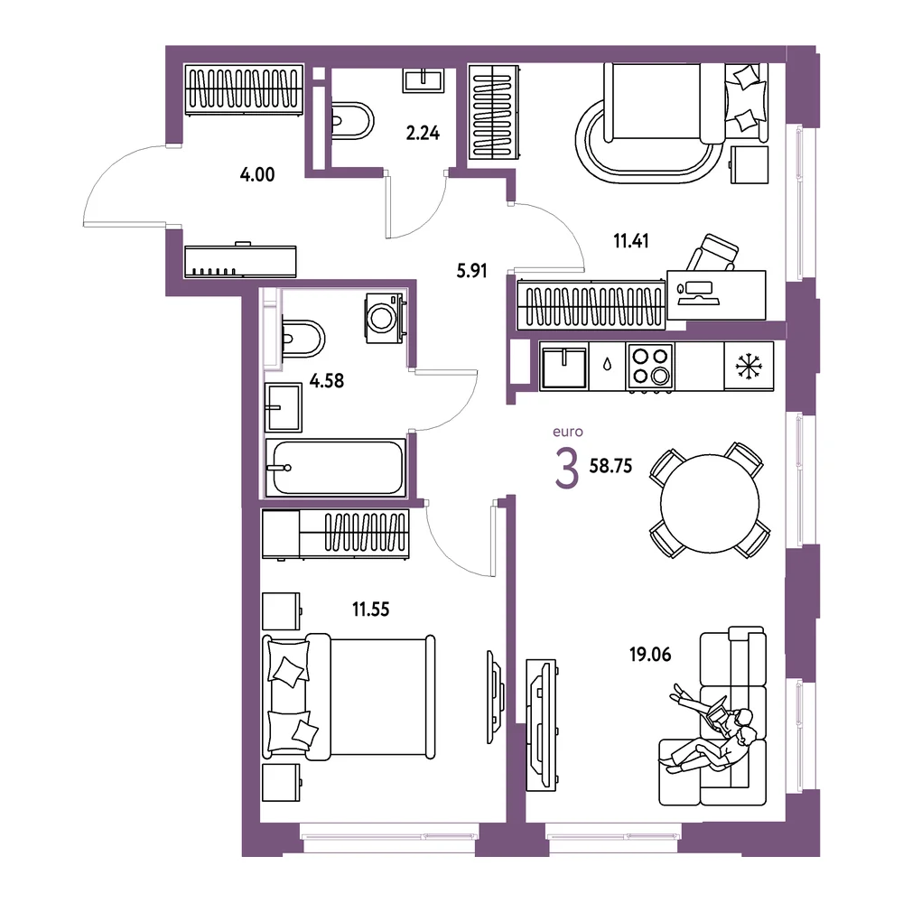 Планировка: Домашний 3-комнатная 58,75м²