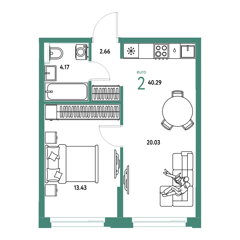 Планировка: Домашний 2-комнатная 40,29м²