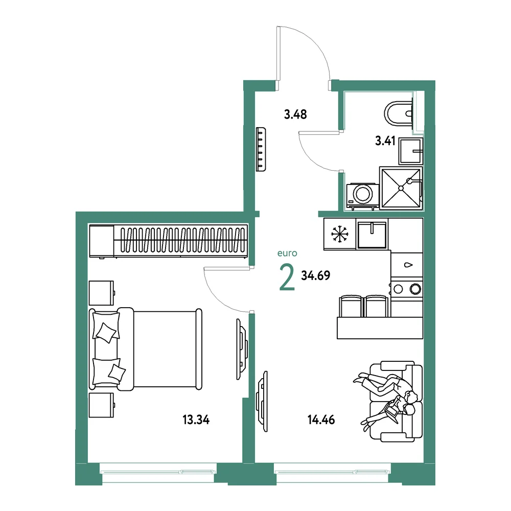 Планировка: Домашний 2-комнатная 34,69м²