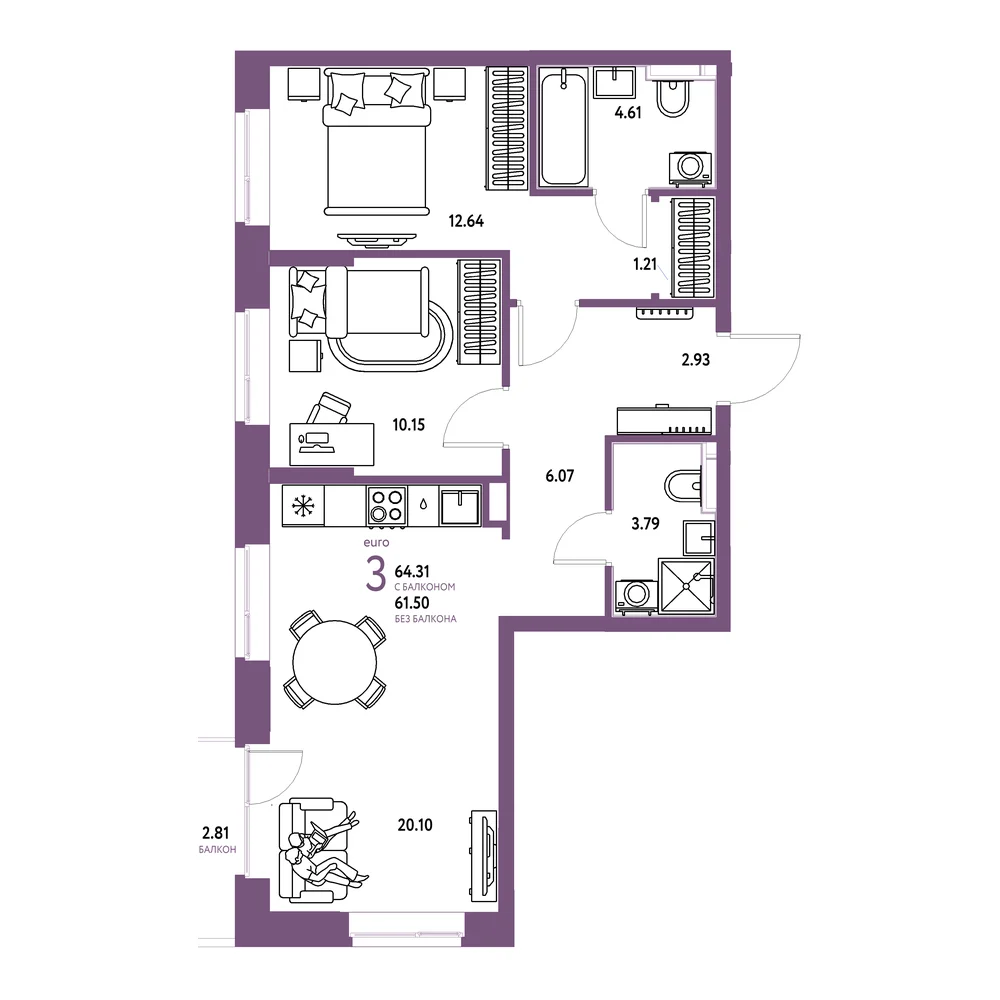 Планировка: Домашний 3-комнатная 64,31м²