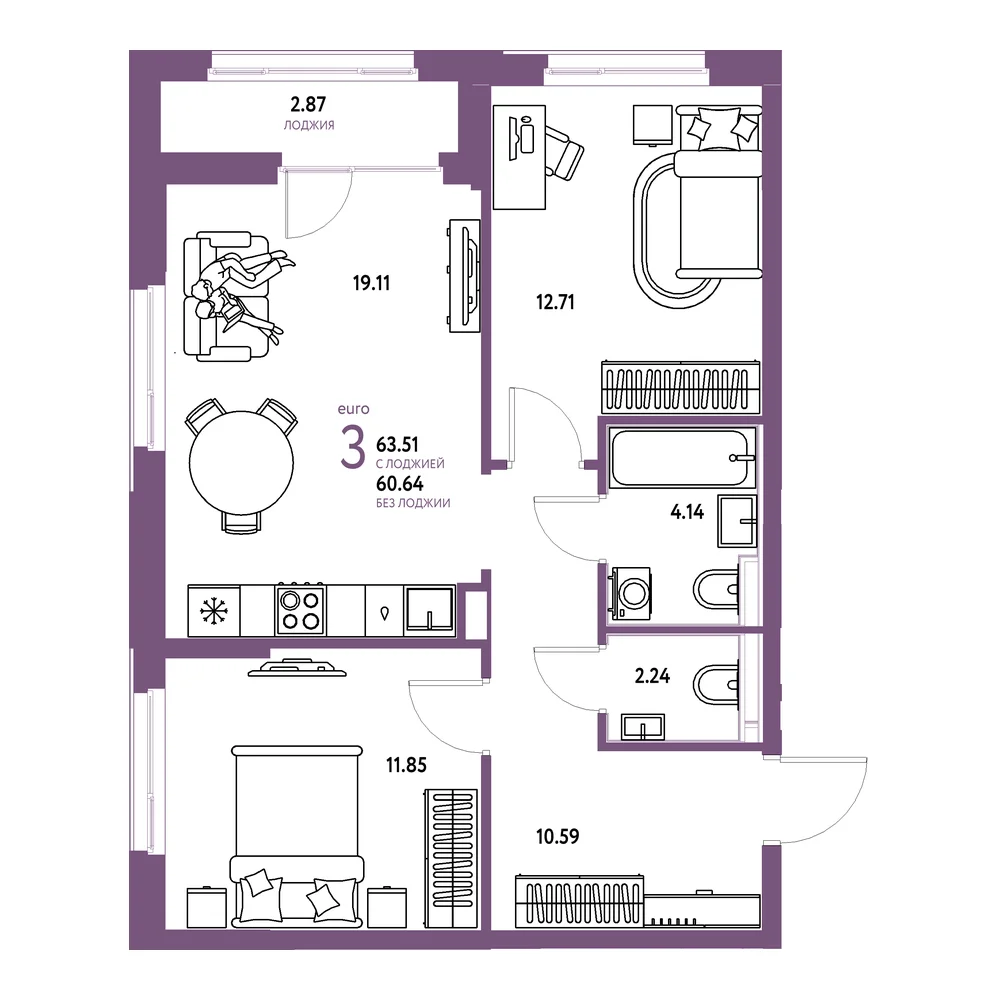 Планировка: Домашний 3-комнатная 63,51м²
