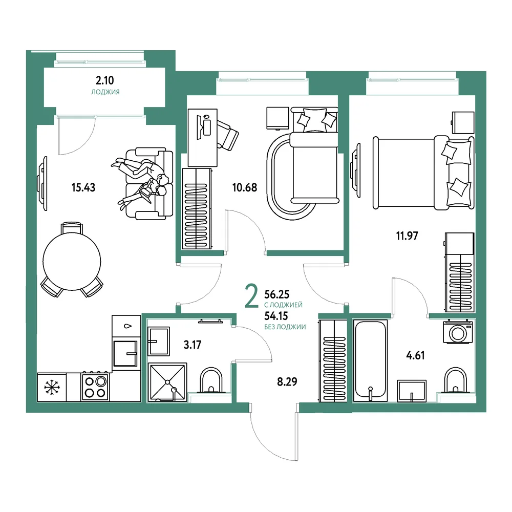 Планировка: Домашний 2-комнатная 56,25м²
