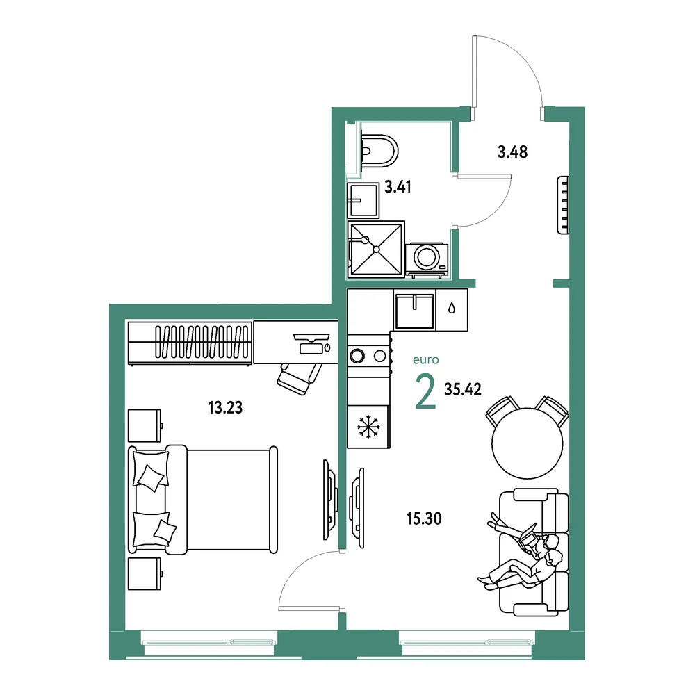 Планировка: Домашний 2-комнатная 35,42м²