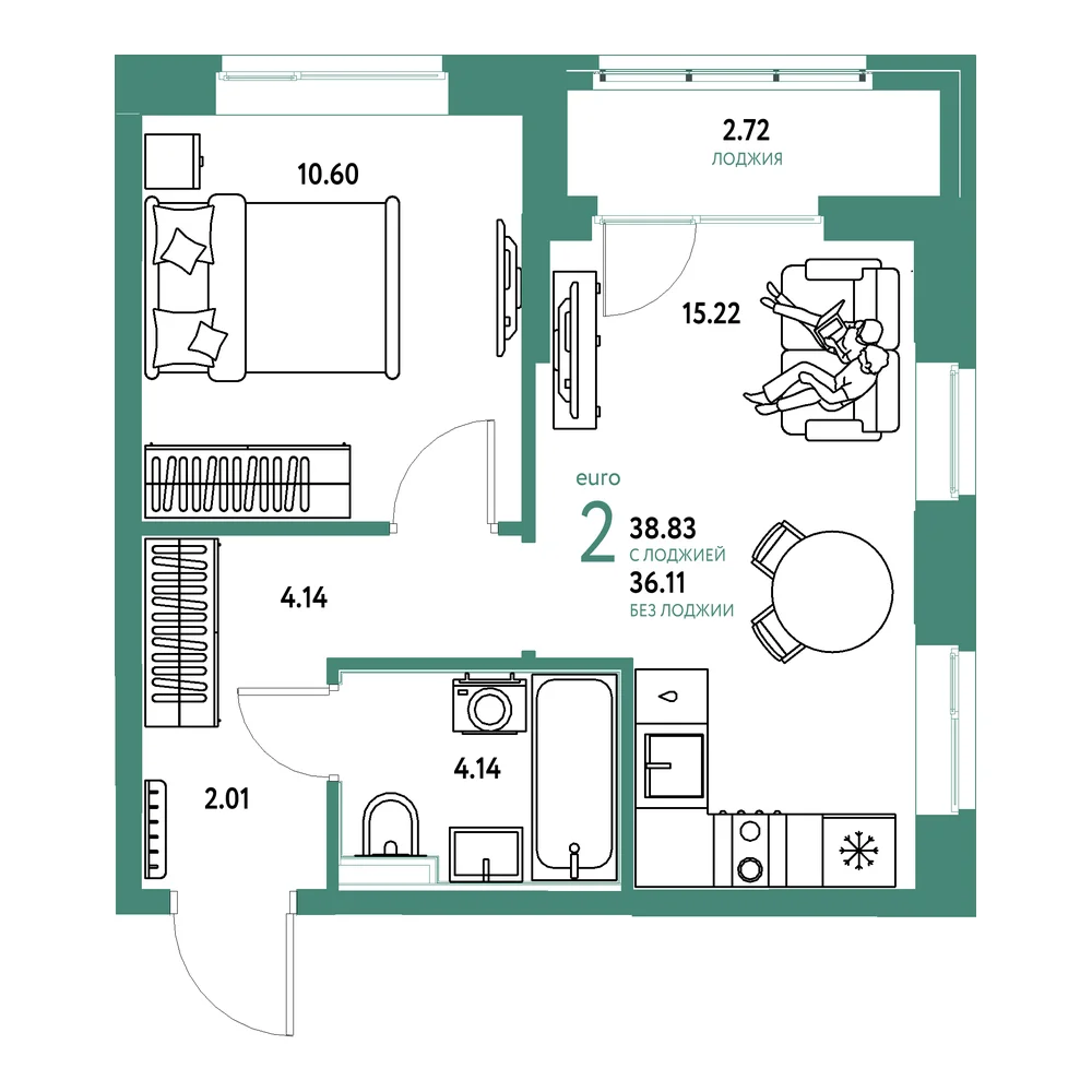 Планировка: Домашний 2-комнатная 38,83м²