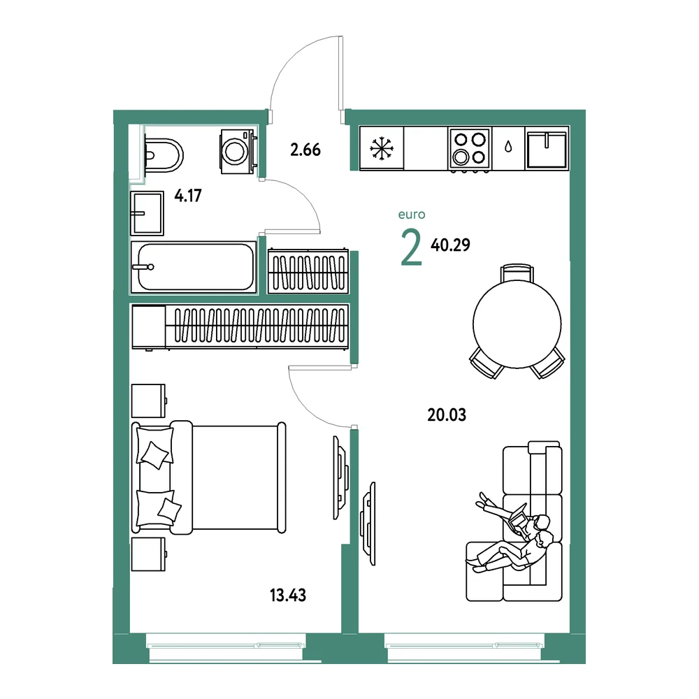Планировка: Домашний 2-комнатная 40,29м²
