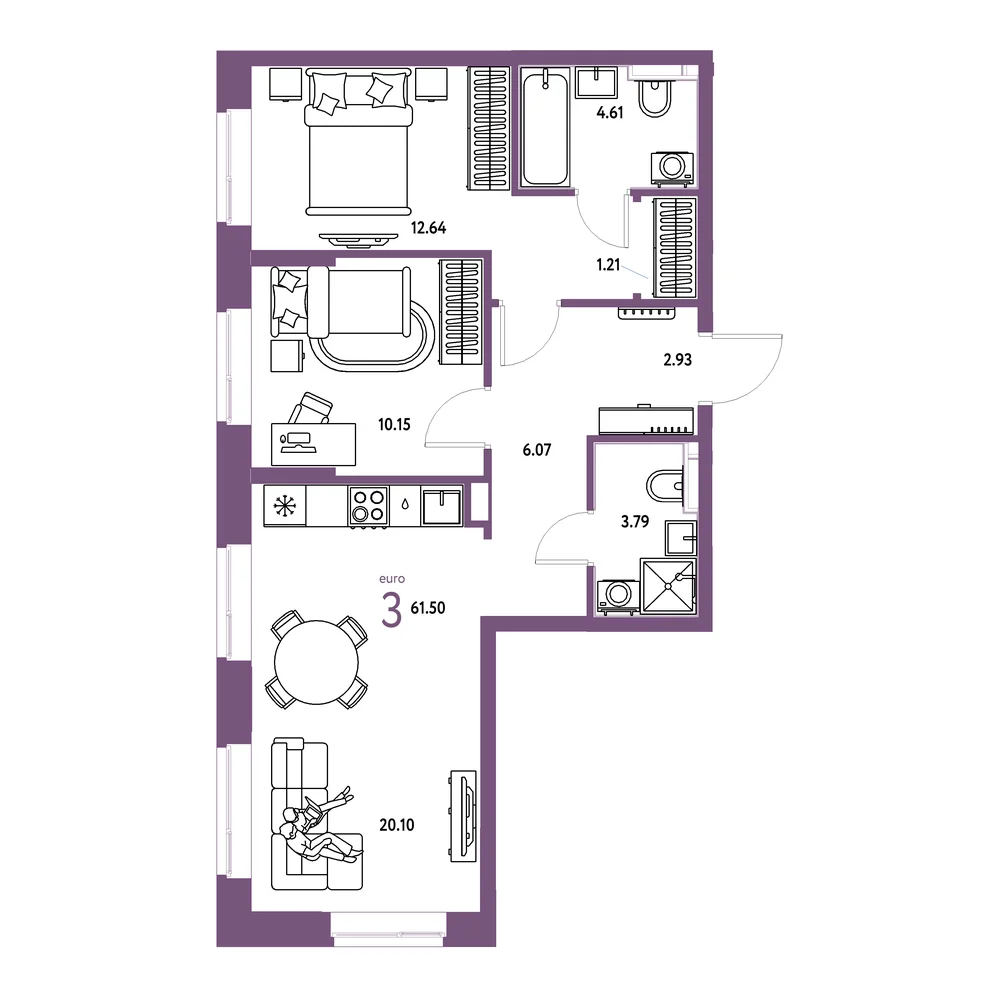 Планировка: Домашний 3-комнатная 61,50м²