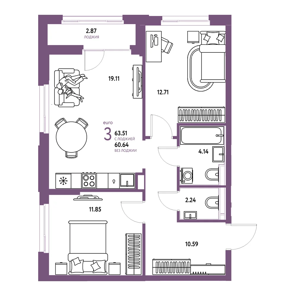Планировка: Домашний 3-комнатная 63,51м²