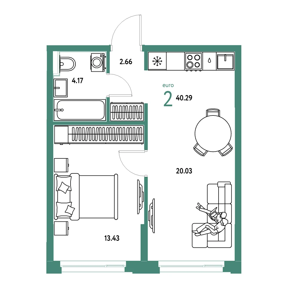 Планировка: Домашний 2-комнатная 40,29м²