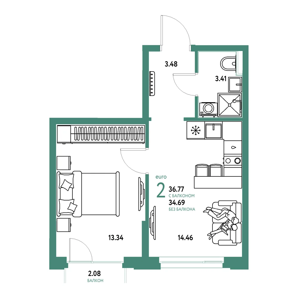 Планировка: Домашний 2-комнатная 36,77м²