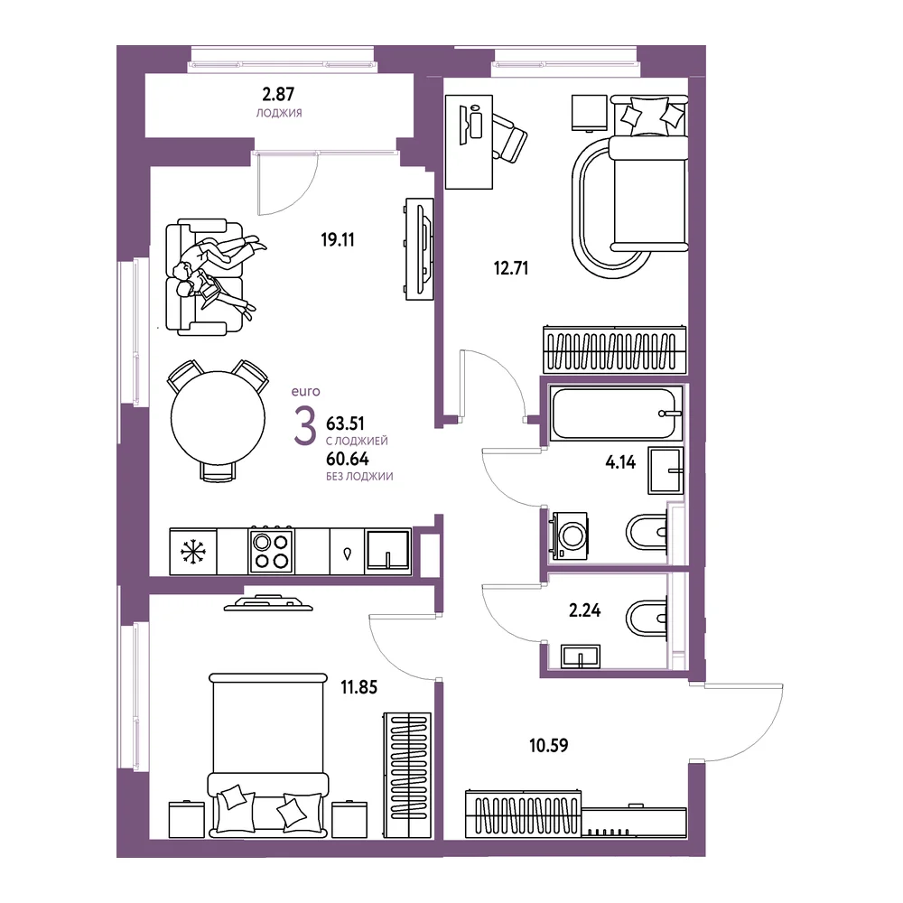 Планировка: Домашний 3-комнатная 63,51м²