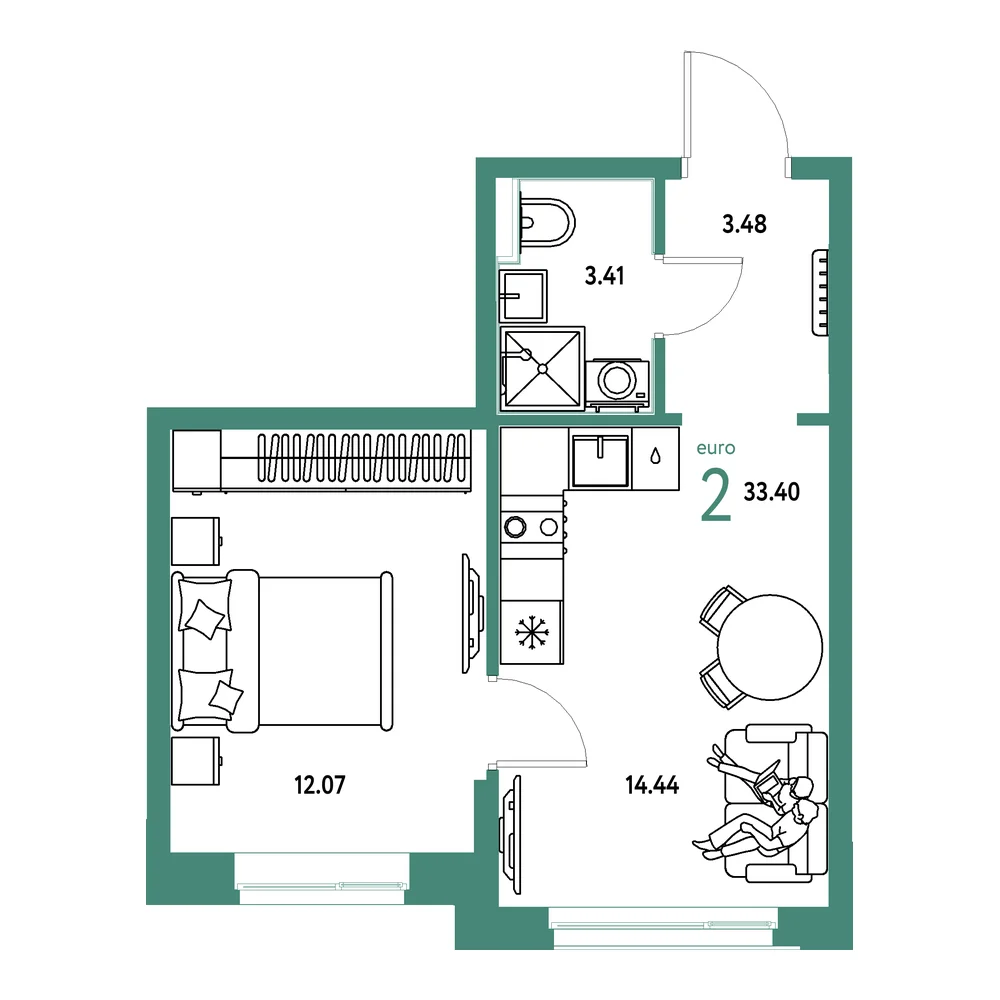 Планировка: Домашний 2-комнатная 33,40м²