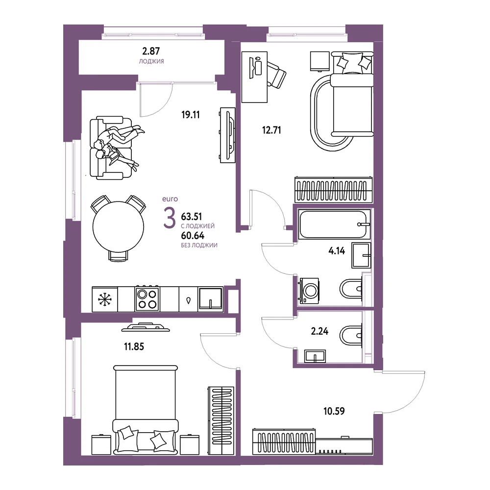 Планировка: Домашний 3-комнатная 63,51м²