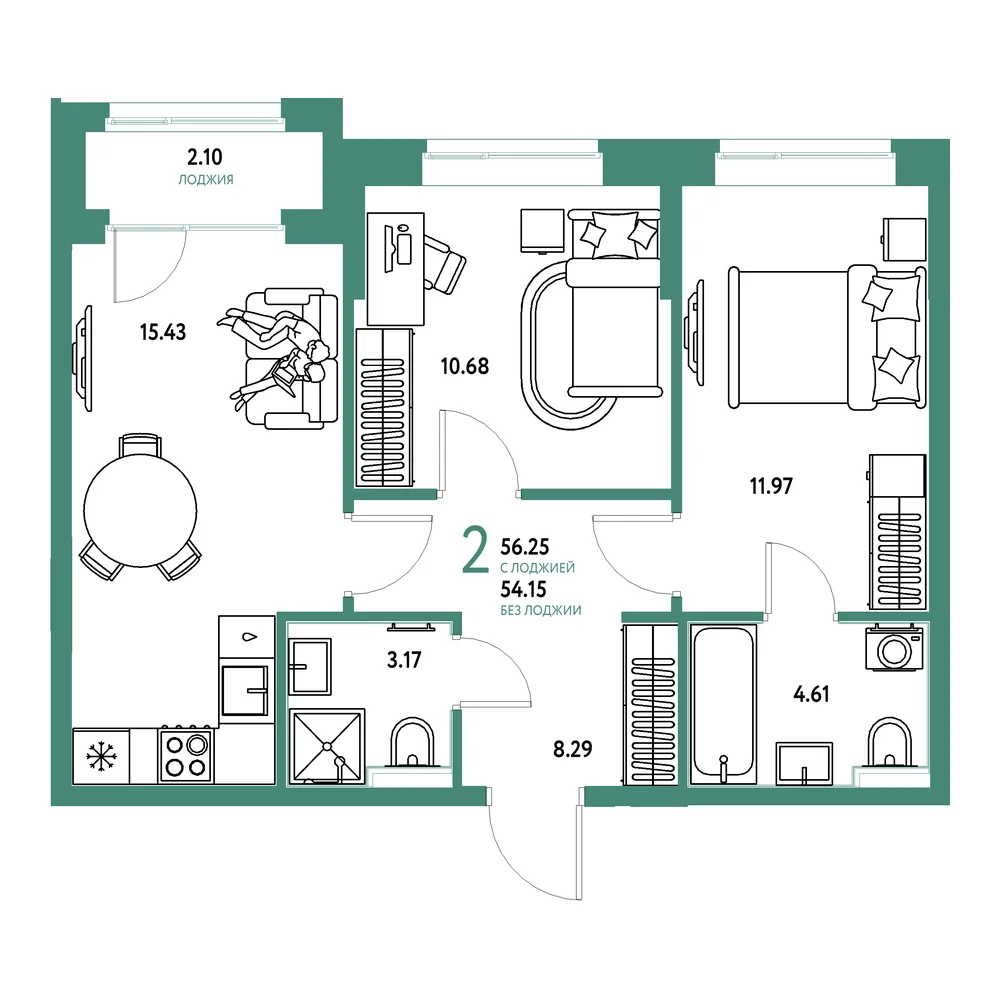 Планировка: Домашний 2-комнатная 56,25м²
