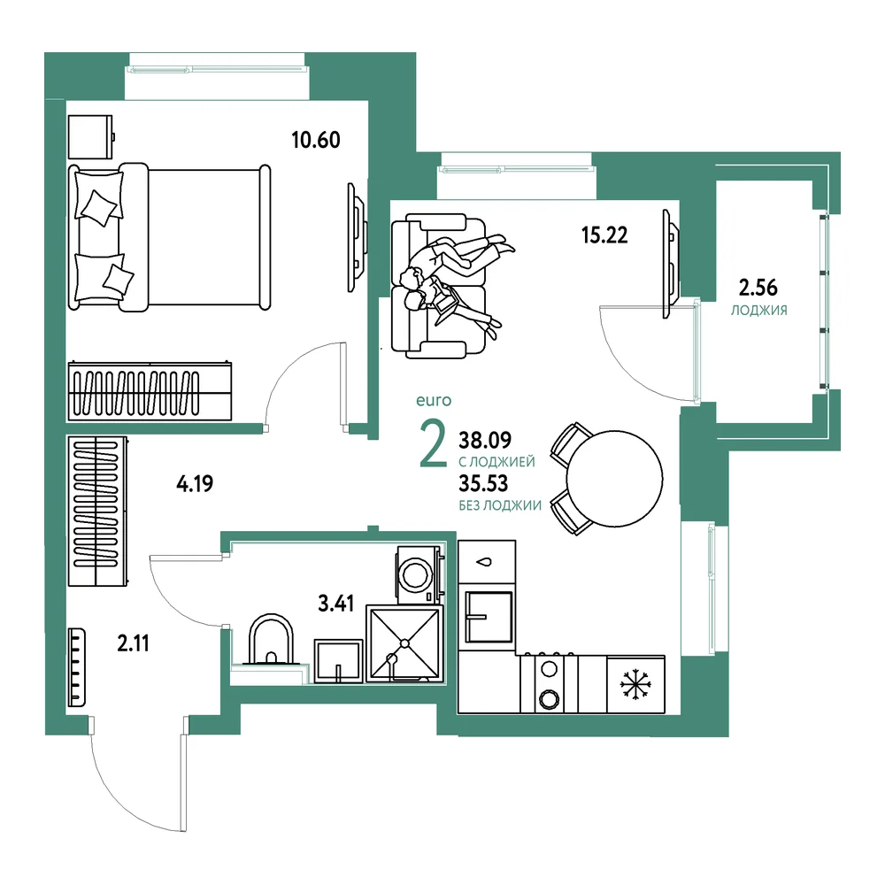 Планировка: Домашний 2-комнатная 38,09м²