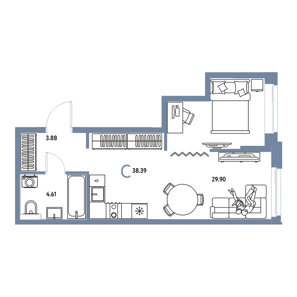 Планировка: Домашний Студия 38,39м²