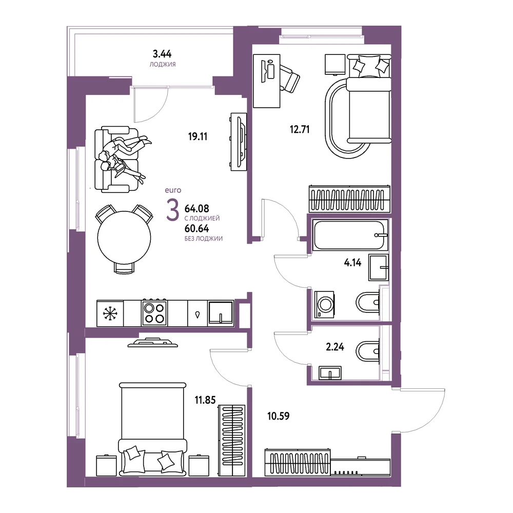 Планировка: Домашний 3-комнатная 64,08м²