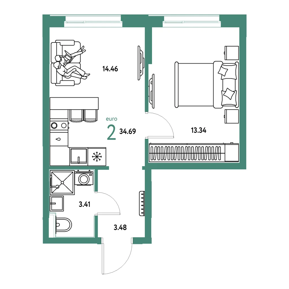 Планировка: Домашний 2-комнатная 34,69м²