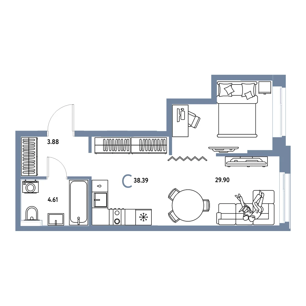 Планировка: Домашний Студия 38,39м²
