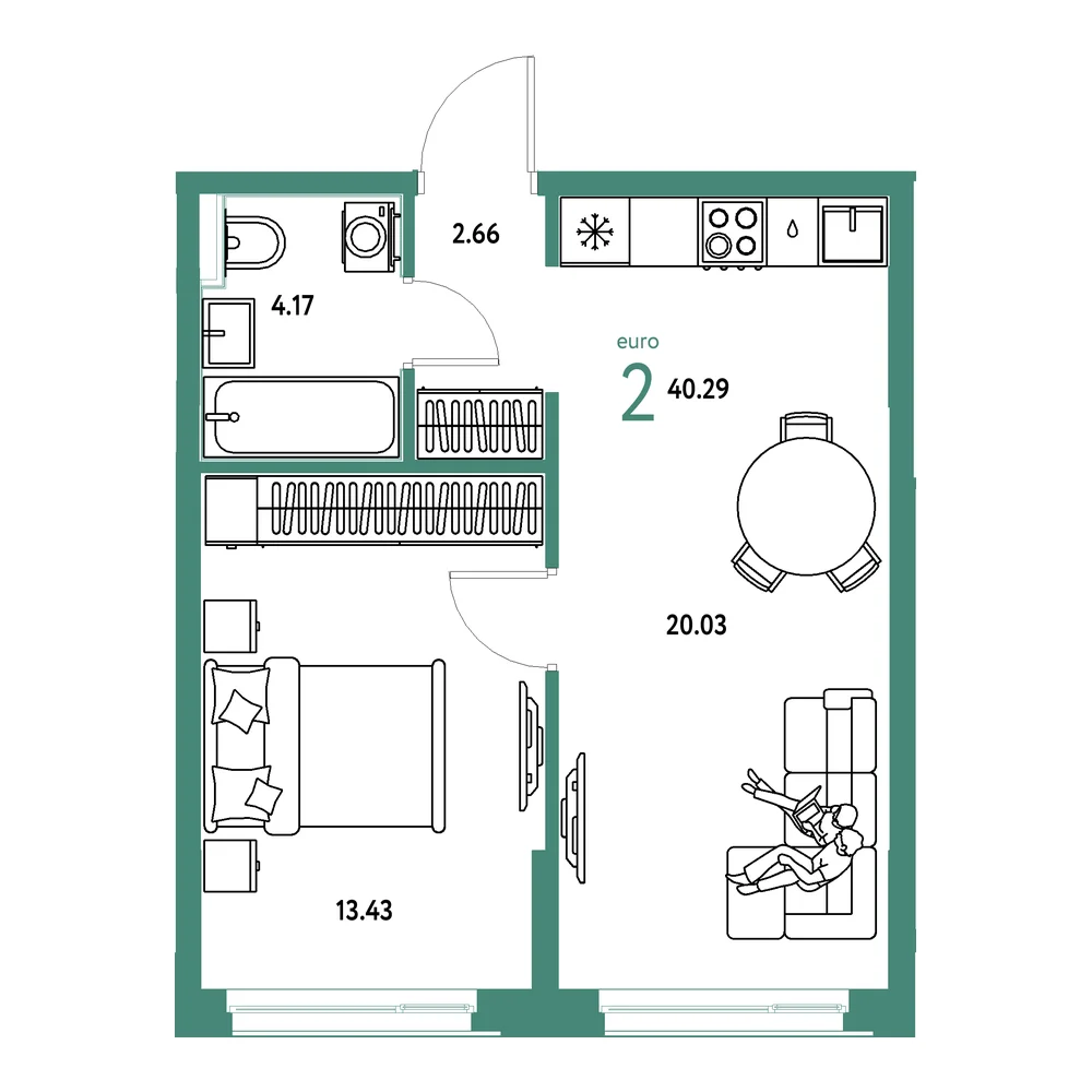 Планировка: Домашний 2-комнатная 40,29м²