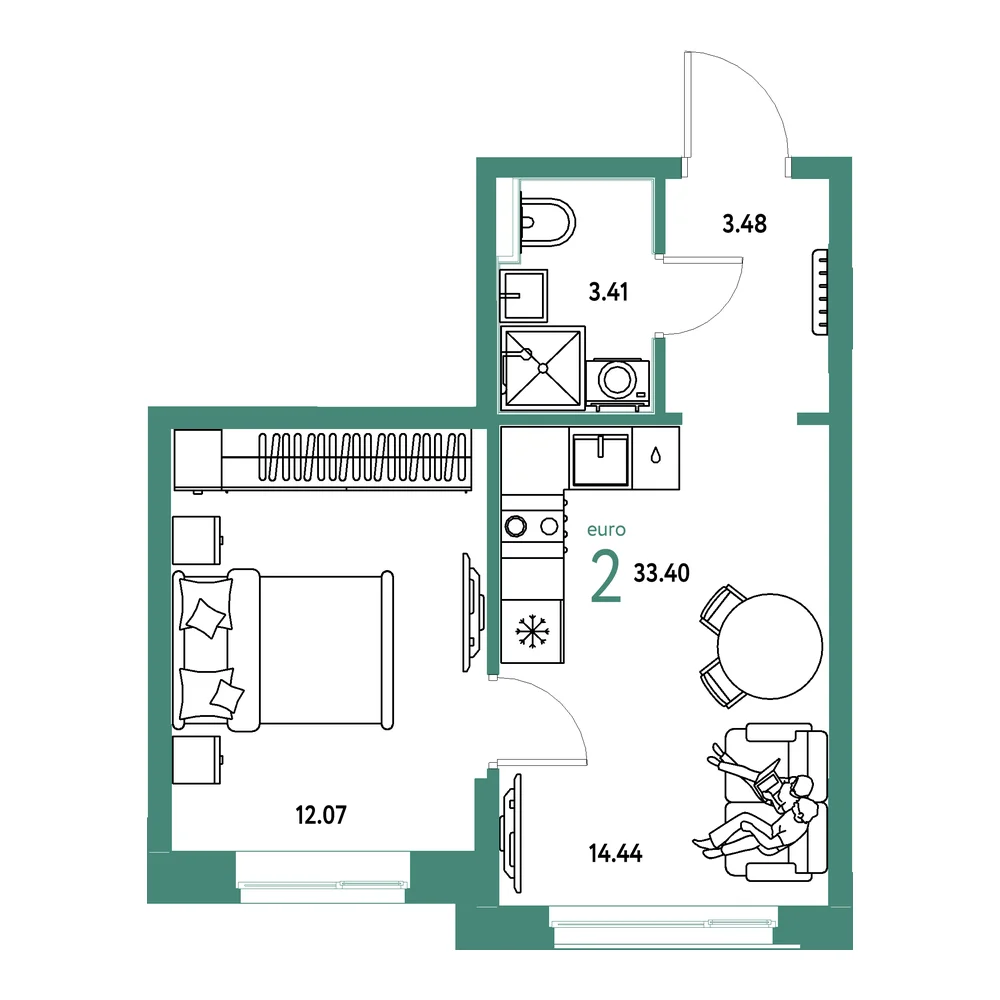 Планировка: Домашний 2-комнатная 33,40м²