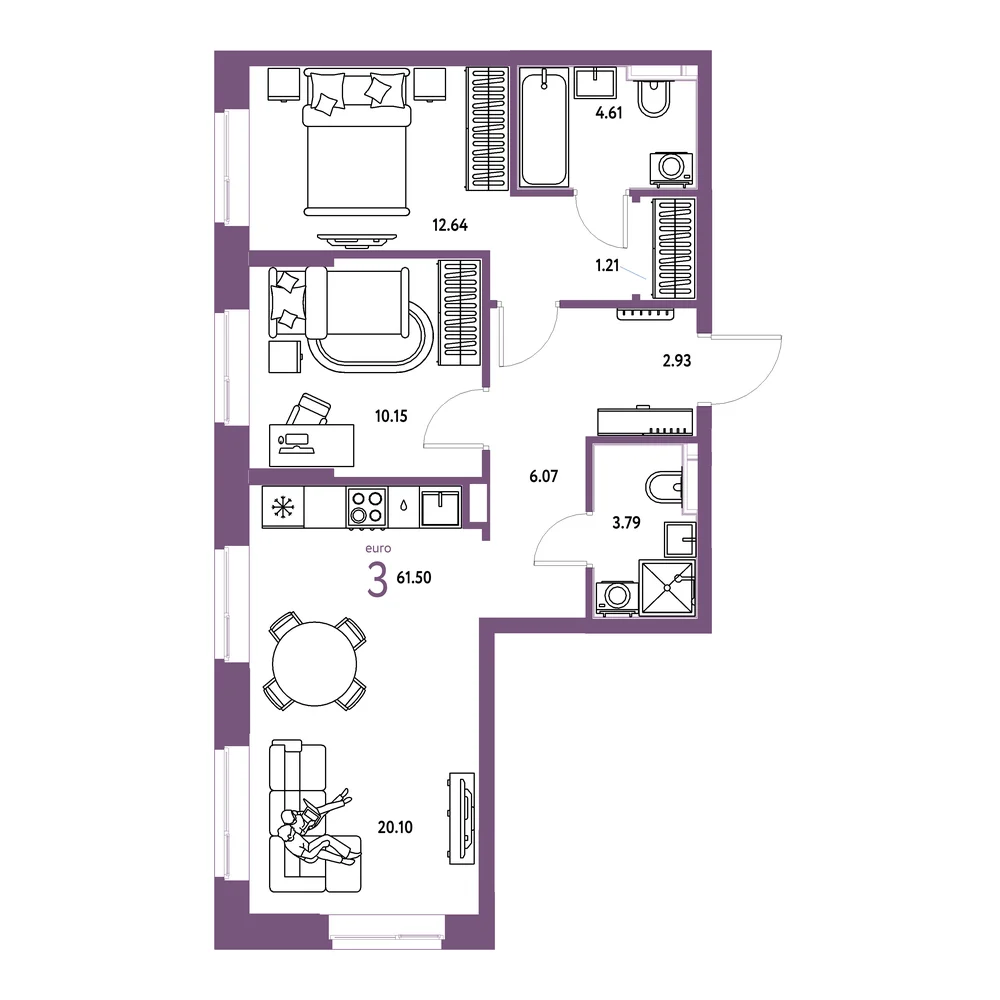 Планировка: Домашний 3-комнатная 61,50м²