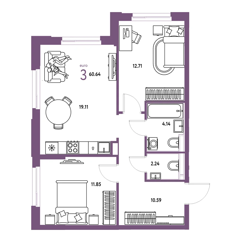 Планировка: Домашний 3-комнатная 60,64м²