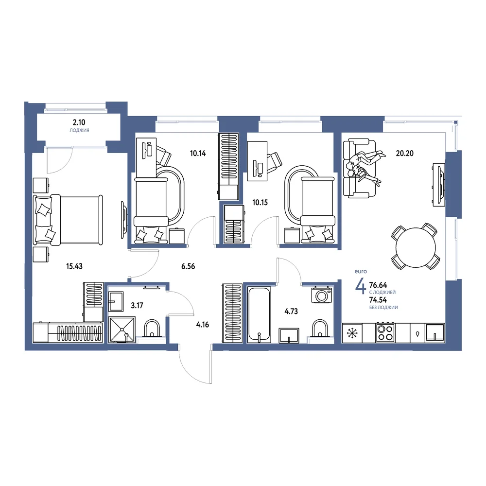 Планировка: Домашний 4-комнатная 76,64м²