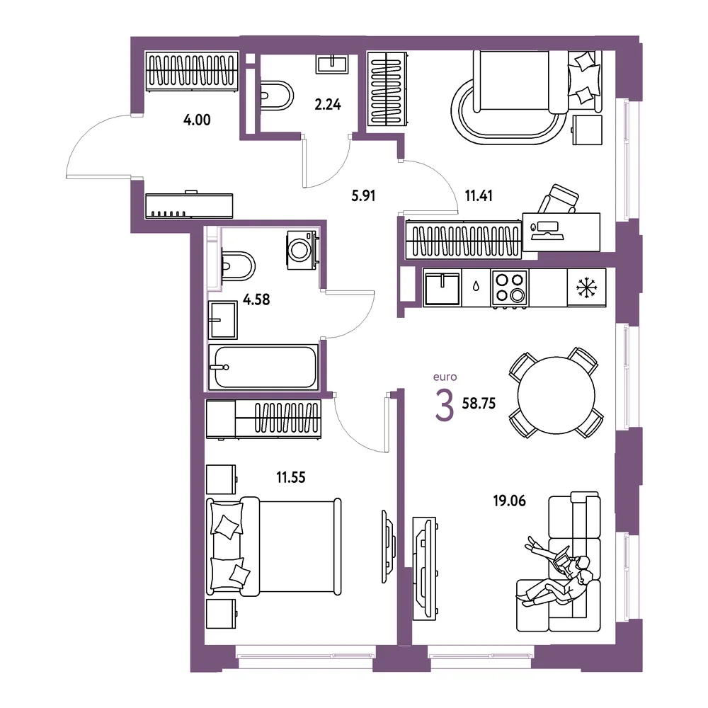 Планировка: Домашний 3-комнатная 58,75м²