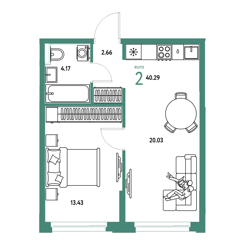Планировка: Домашний 2-комнатная 40,29м²