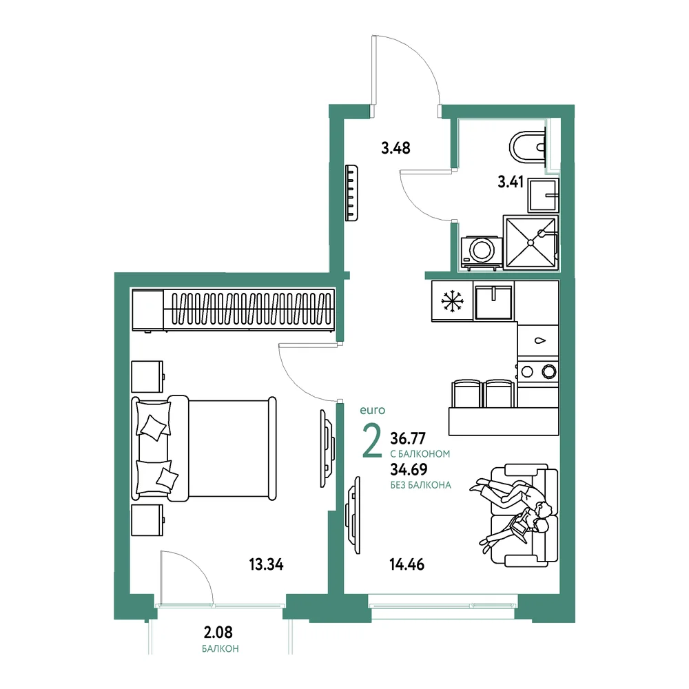 Планировка: Домашний 2-комнатная 36,77м²