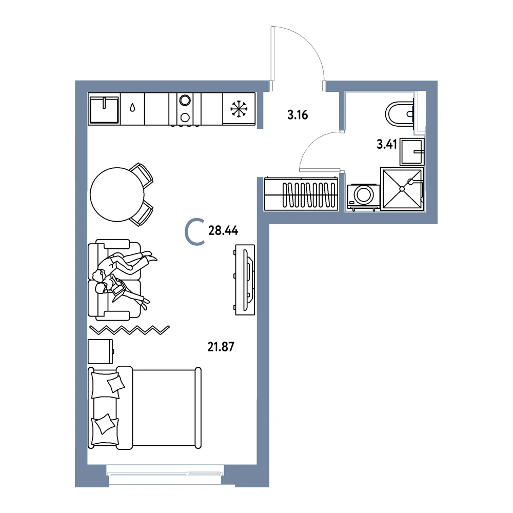 Планировка: Домашний Студия 28,44м²