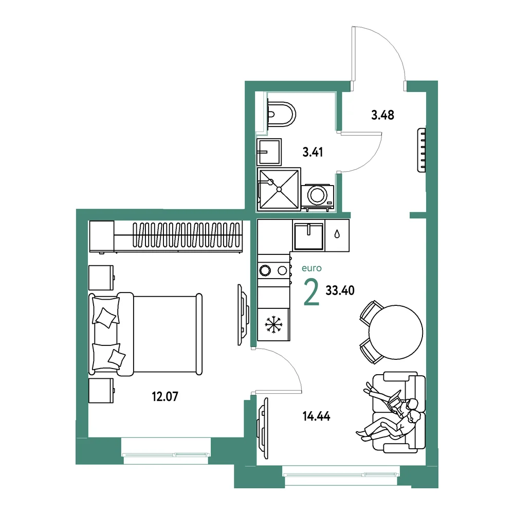 Планировка: Домашний 2-комнатная 33,40м²