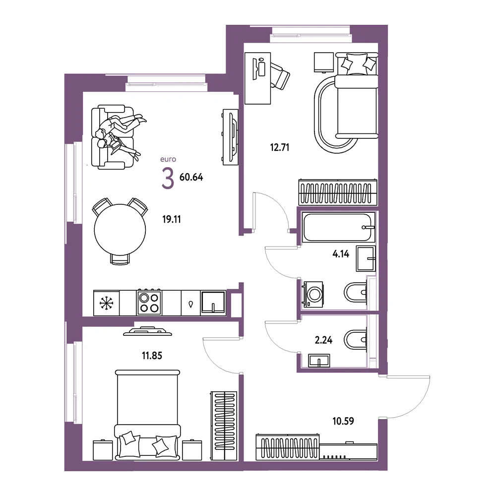 Планировка: Домашний 3-комнатная 60,64м²