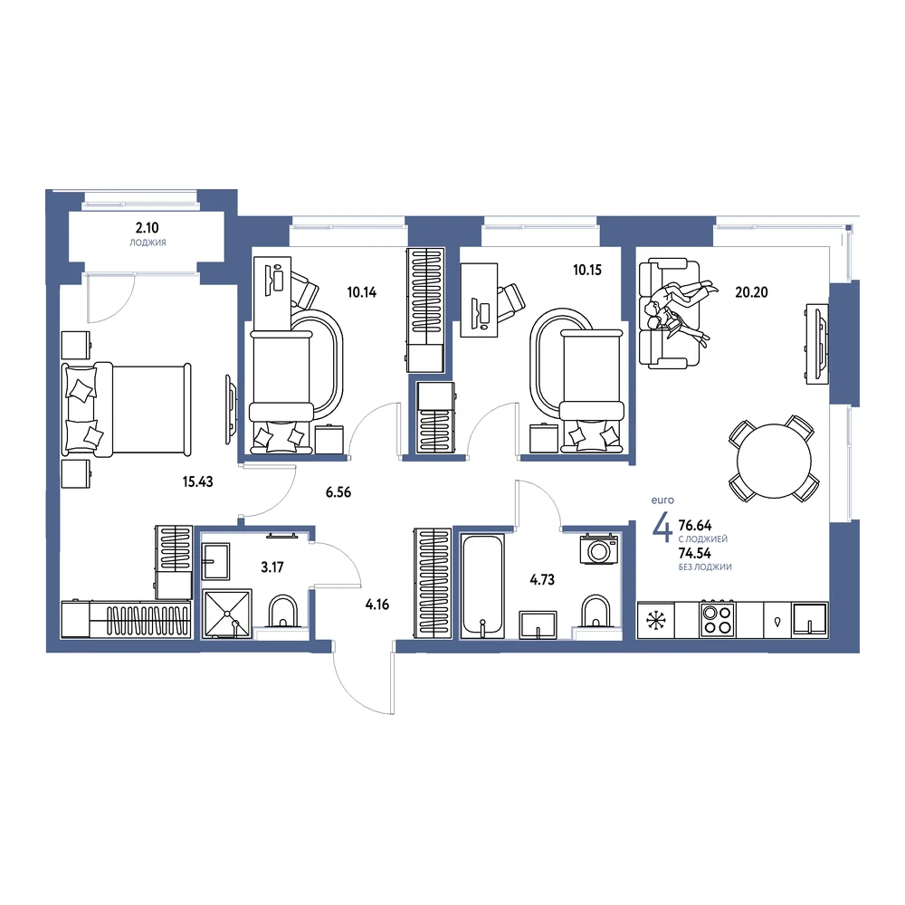 Планировка: Домашний 4-комнатная 76,64м²