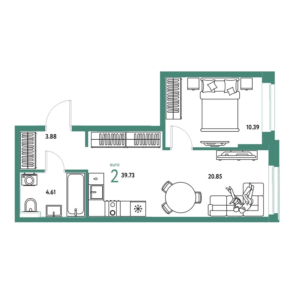Планировка: Домашний 2-комнатная 39,73м²