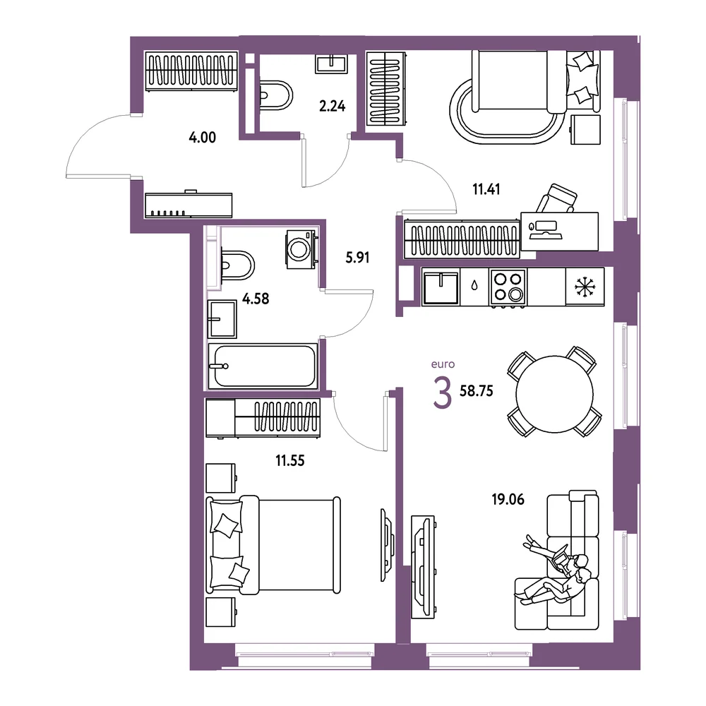 Планировка: Домашний 3-комнатная 58,75м²