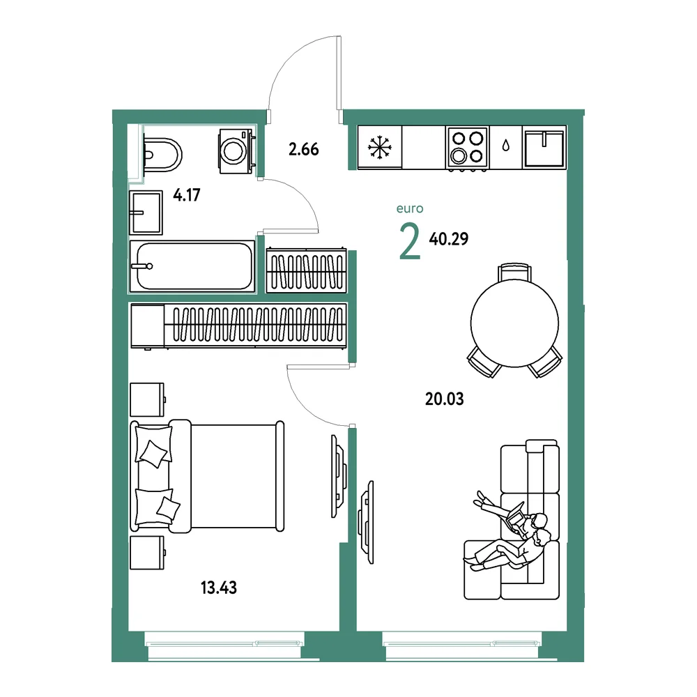 Планировка: Домашний 2-комнатная 40,29м²
