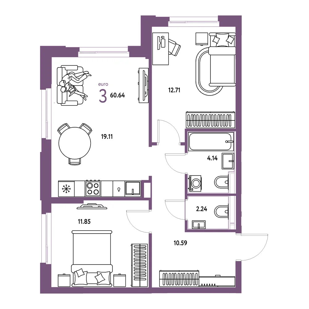 Планировка: Домашний 3-комнатная 60,64м²