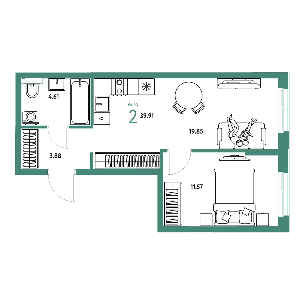 Планировка: Домашний 2-комнатная 39,91м²