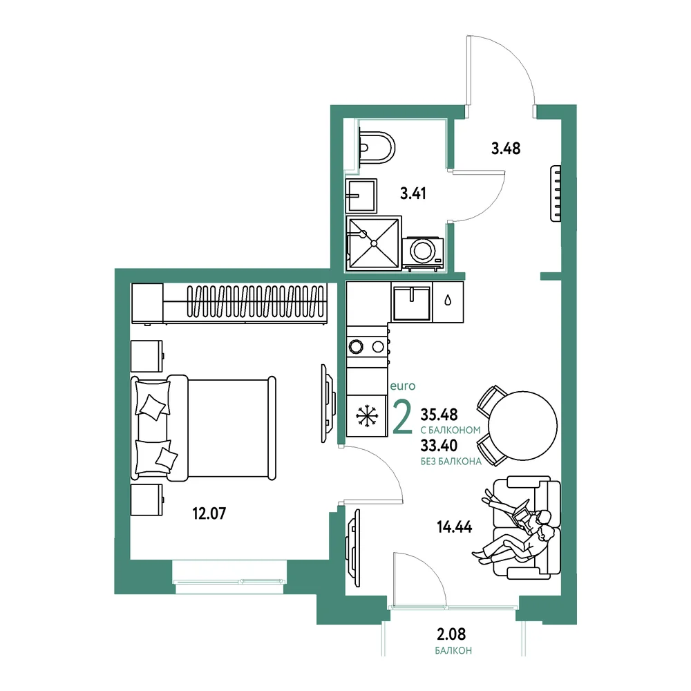 Планировка: Домашний 2-комнатная 35,48м²