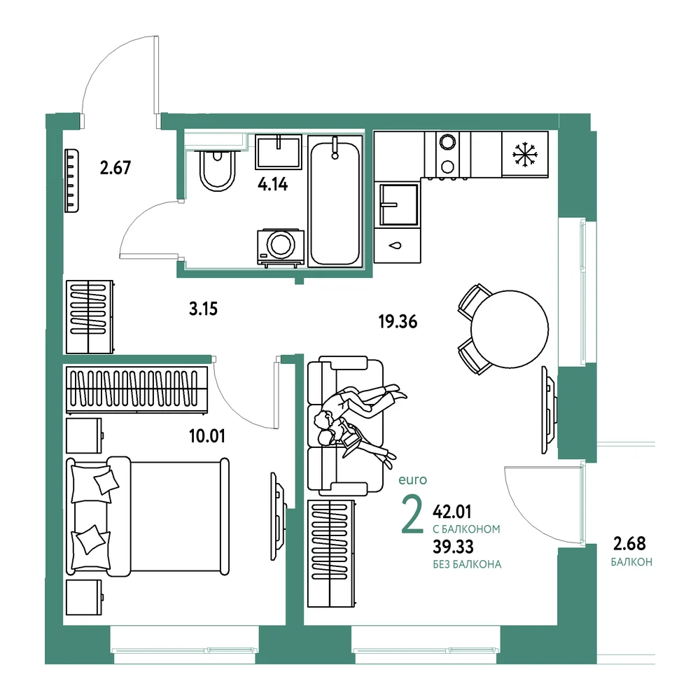 Планировка: Домашний 2-комнатная 42,01м²
