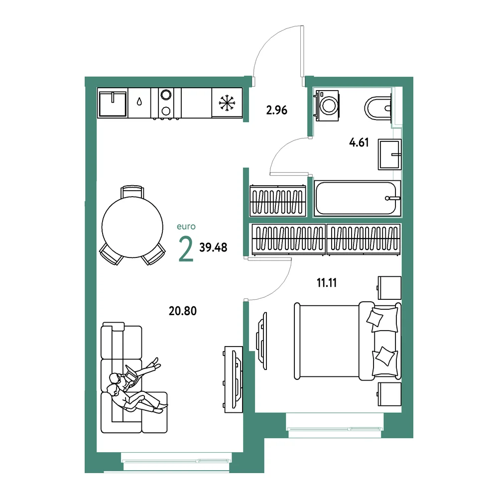 Планировка: Домашний 2-комнатная 39,48м²
