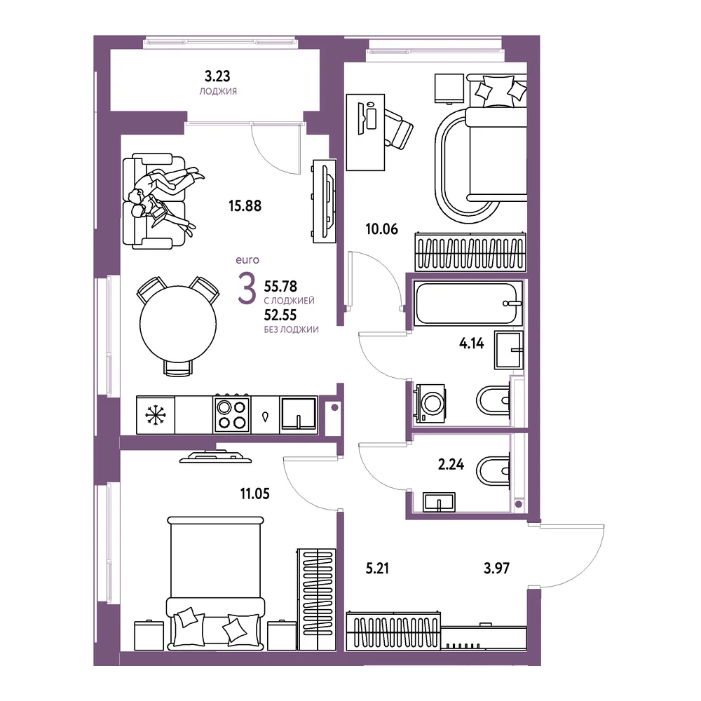 Планировка: Домашний 3-комнатная 55,78м²