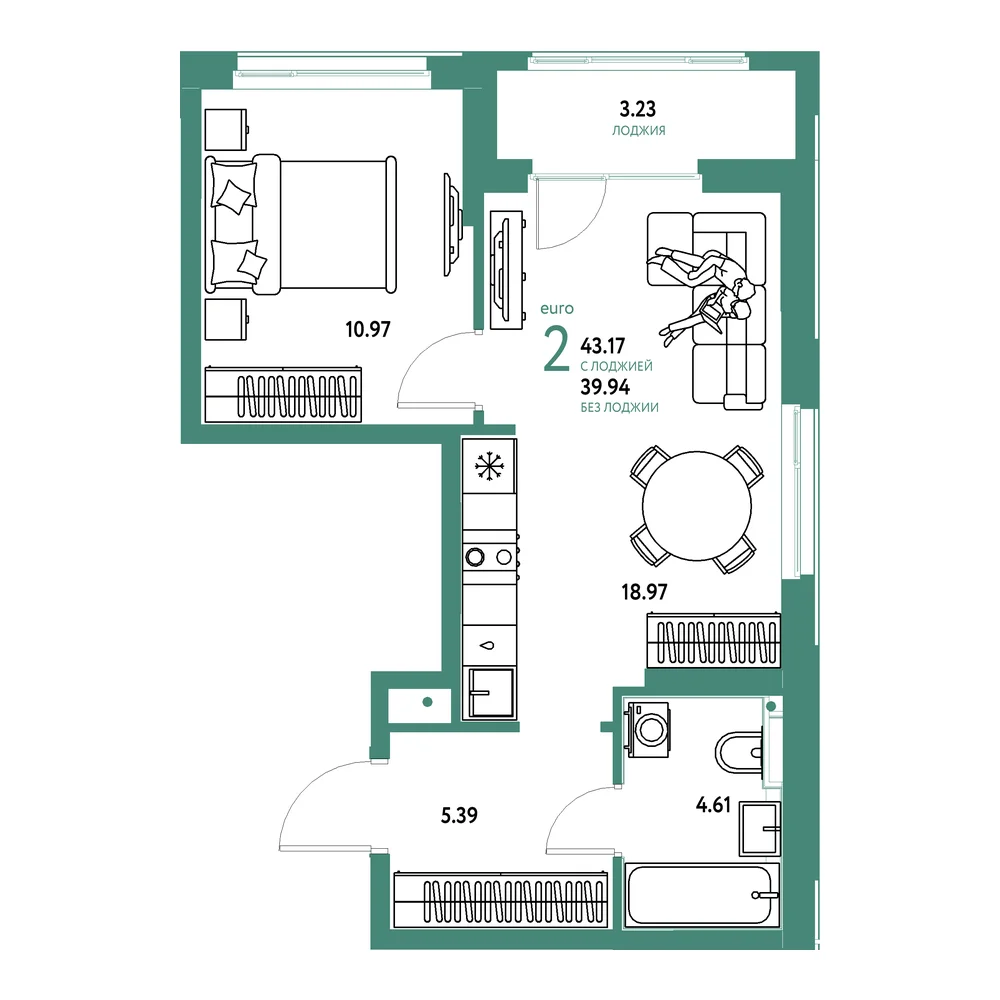 Планировка: Домашний 2-комнатная 43,17м²