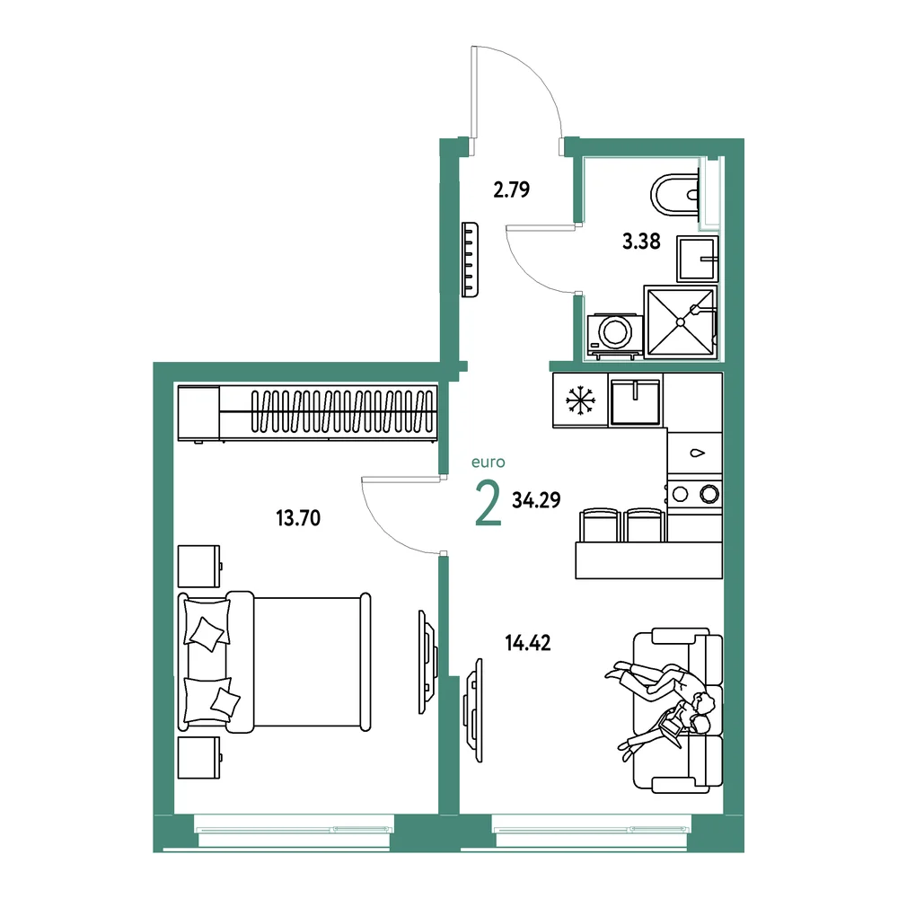 Планировка: Домашний 2-комнатная 34,29м²